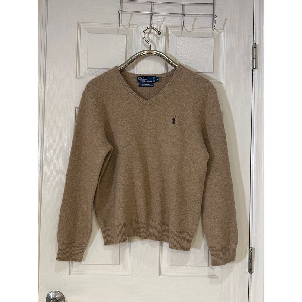Polo Ralph Lauren Tan Lambswool V-Neck Sweater XL Women Camel Pony Logo